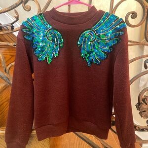 Brown Sweater with Blue and Green Sequin Wings